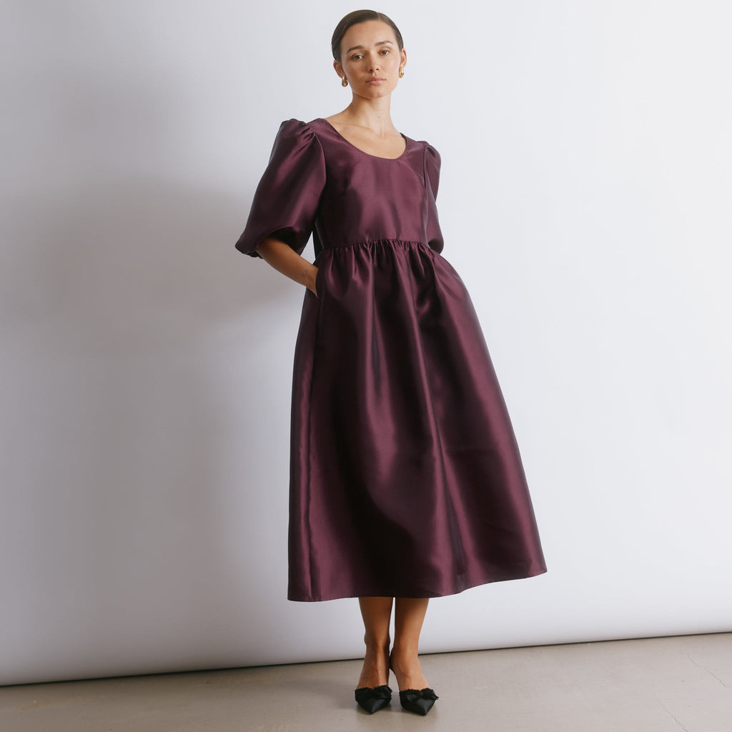 Burgundy Crinkle Satin Midi Dress