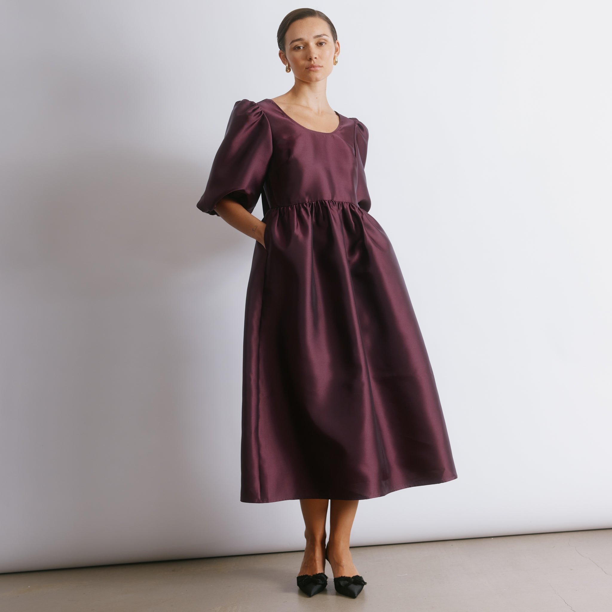 Burgundy Crinkle Satin Midi Dress